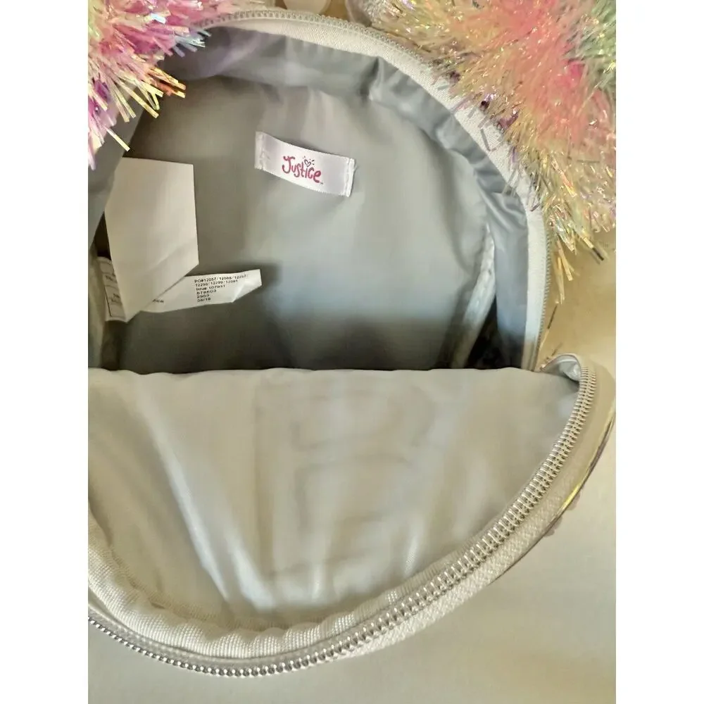 Justice Iridescent Holographic Sequins Pom Pom Letter B Zip Up Mini Backpack